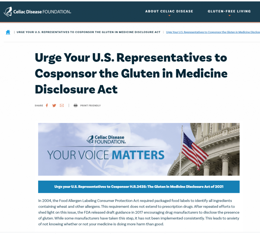 Let’s Urge Our US Representatives to Cosponsor the Gluten in Medicine Disclosure Act
